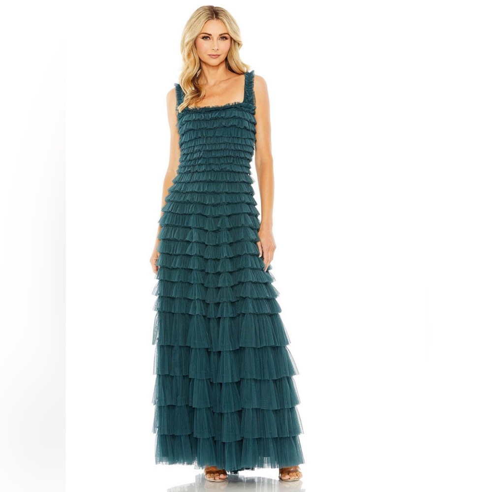 Mac Duggal Square-Neck Ruffled Tiered Tulle Formal Ball Gown Teal Green Size 10 - Picture 12 of 15
